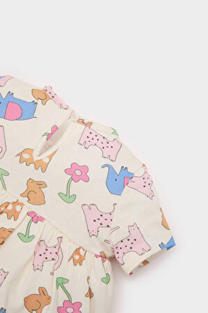 DeFacto Kız Bebek 2'li Takım Hayvan Desenli Fitilli Kaşkorse Kısa Kollu Elbise Külot E8176A525SMER105