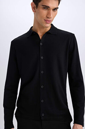 Standart Fit Polo Yaka Düğmeli Triko Hırka