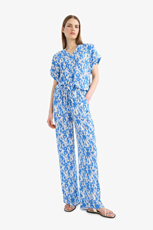 Straight Fit Beli Lastikli Midi Krinkıl Kumaş Desenli Pantolon