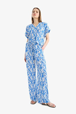 Straight Fit Beli Lastikli Midi Krinkıl Kumaş Desenli Pantolon