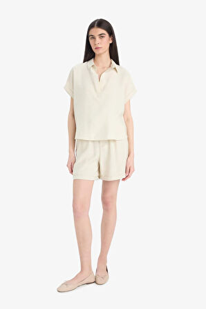 Yüksek Bel Krinkıl Kumaş Şort