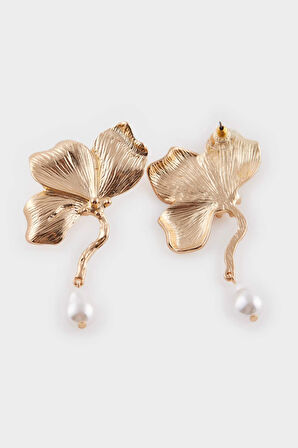 Kadın Çiçek Motifli İncili Gold Küpe