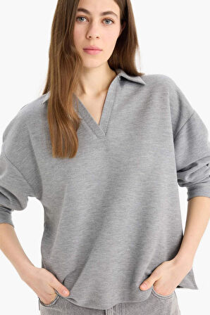 DeFacto Relax Fit Polo Yaka Basic Düz Uzun Kollu Tişört E8681AX25SPGR210