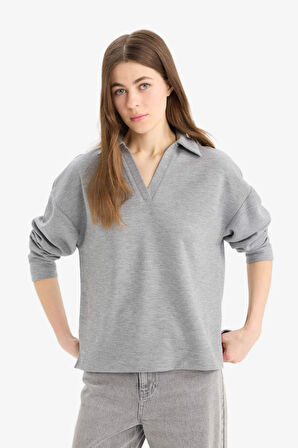 DeFacto Relax Fit Polo Yaka Basic Düz Uzun Kollu Tişört E8681AX25SPGR210