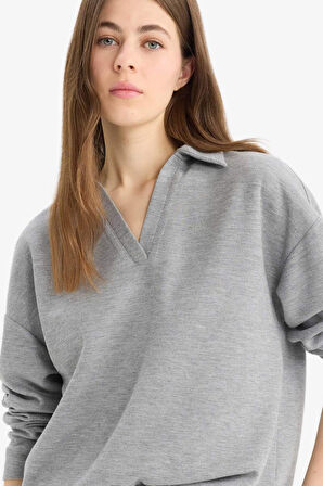 DeFacto Relax Fit Polo Yaka Basic Düz Uzun Kollu Tişört E8681AX25SPGR210