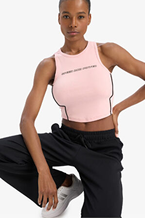 DeFactoFit Crop Top Slogan Baskılı Bisiklet Yaka Ribana Sporcu Atlet