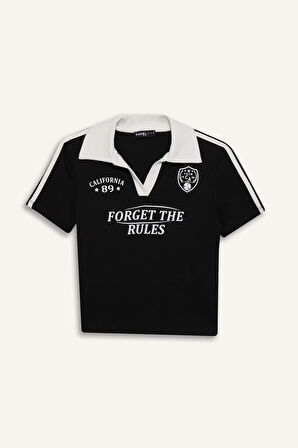 DeFacto Coool Fitted Polo Yaka Baskılı Ribana Kısa Kollu Tişört E7443AX25SPBK81