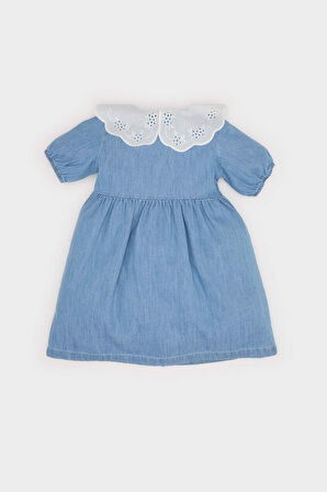 Kız Bebek Geniş Dantel Yakalı Kısa Kollu Jean Elbise