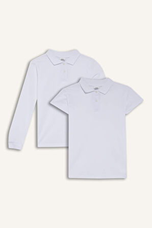 Kız Çocuk Regular Fit Polo Yaka Basic Düz Pike 2'li Uzun Kollu Polo Tişört