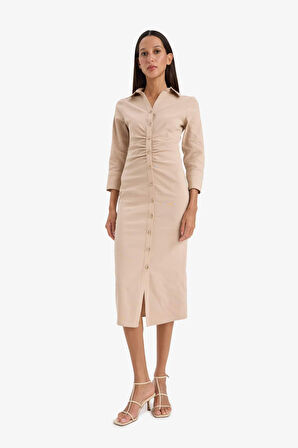 DeFacto Gömlek Yaka Basic Düz Düğmeli Beli Büzgülü Bengalin Yarım Kollu Elbise D4560AX25SPBG731