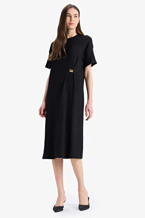 Regular Fit Bisiklet Yaka Basic Düz Bürümcük Kısa Kollu Midi  Elbise