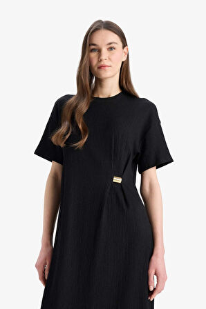Regular Fit Bisiklet Yaka Basic Düz Bürümcük Kısa Kollu Midi  Elbise