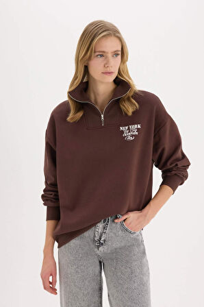 Coool Oversize Geniş Kalıp Fermuarlı Dik Yaka Baskılı Kalın Sweatshirt