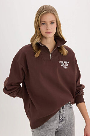 Coool Oversize Geniş Kalıp Fermuarlı Dik Yaka Baskılı Kalın Sweatshirt