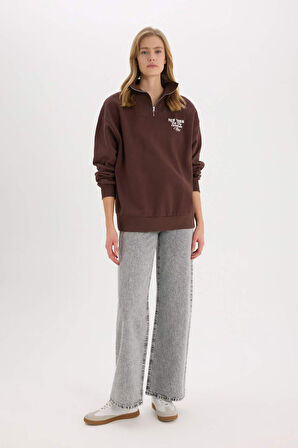 Coool Oversize Geniş Kalıp Fermuarlı Dik Yaka Baskılı Kalın Sweatshirt