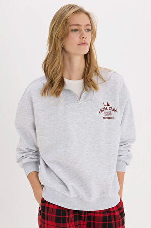 Coool Oversize Geniş Kalıp Fermuarlı Dik Yaka Baskılı Kalın Sweatshirt