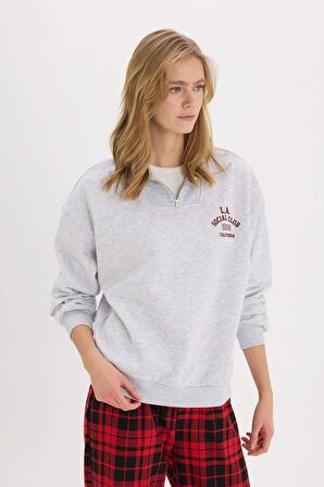 Coool Oversize Geniş Kalıp Fermuarlı Dik Yaka Baskılı Kalın Sweatshirt