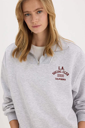 Coool Oversize Geniş Kalıp Fermuarlı Dik Yaka Baskılı Kalın Sweatshirt