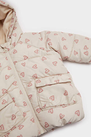 Kız Bebek Rüzgar Geçirmez Su Geçirmez Kapüşonlu Desenli Fermuarlı Şişme Mont