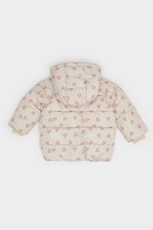Kız Bebek Rüzgar Geçirmez Su Geçirmez Kapüşonlu Desenli Fermuarlı Şişme Mont