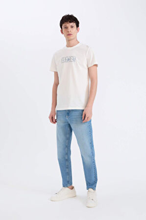 Slim Fit Dar Kesim Bisiklet Yaka Baskılı Kısa Kollu Tişört