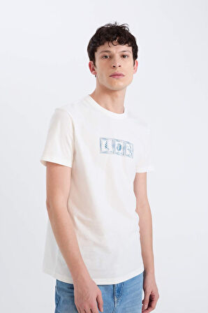 Slim Fit Dar Kesim Bisiklet Yaka Baskılı Kısa Kollu Tişört