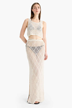 Yuvarlak Yaka Crop Kolsuz Triko Beyaz Plaj Üstü-Fall in Love 