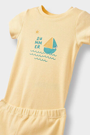 Erkek Bebek 2'li Takım Dinazor Baskılı Kısa Kollu Fitilli Kaşkorse Kısa Kollu ÇIçılt Body Şort