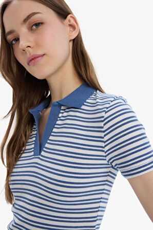 DeFacto Fitted Polo Yaka Çizgili Fitilli Kaşkorse Kısa Kollu Tişört E7907AX25SMIN257