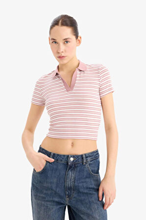 Fitted Polo Yaka Çizgili Fitilli Kaşkorse Kısa Kollu Tişört
