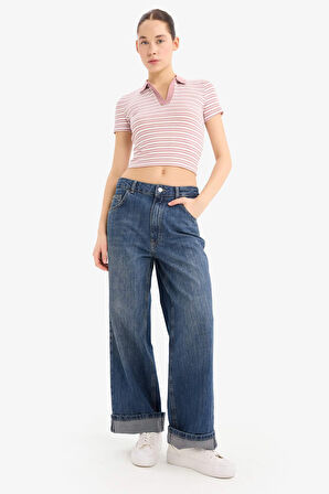 DeFacto Fitted Polo Yaka Çizgili Fitilli Kaşkorse Kısa Kollu Tişört E7907AX25SMBR138