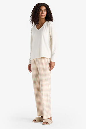 Pijama Takımı Regular Fit Uzun Kollu Velur Üst Kareli Uzun Alt-Fall in Love