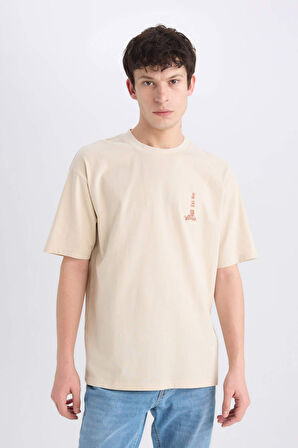 DeFacto %100 Pamuk Boxy Fit Bisiklet Yaka Sırt Baskılı Kısa Kollu Tişört E0906AX25SMBG403