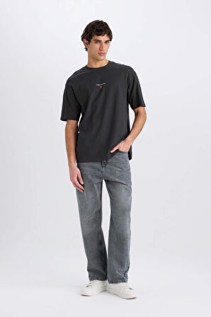 DeFacto %100 Pamuk Boxy Fit Bisiklet Yaka Sırt Baskılı Kısa Kollu Tişört E0908AX25SMAR221