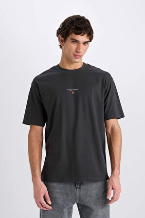 DeFacto %100 Pamuk Boxy Fit Bisiklet Yaka Sırt Baskılı Kısa Kollu Tişört E0908AX25SMAR221