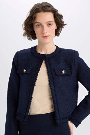 Crop Bisiklet Yaka Tweed Blazer Ceket