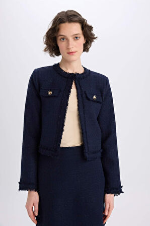 Crop Bisiklet Yaka Tweed Blazer Ceket