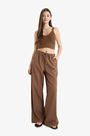 Wide Leg Çift Cepli Beli Lastikli Standart Boy Keten Karışımlı Pantolon