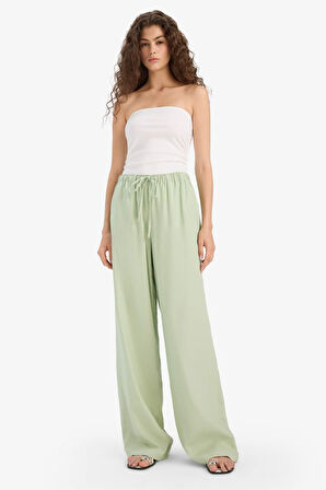 Wide Leg Çift Cepli Beli Lastikli Standart Boy Keten Karışımlı Pantolon