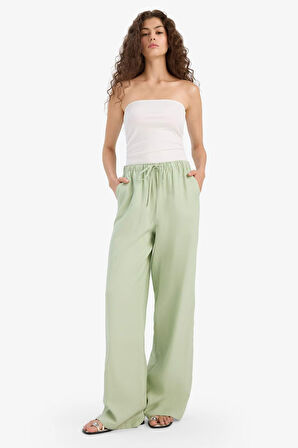Wide Leg Çift Cepli Beli Lastikli Standart Boy Keten Karışımlı Pantolon