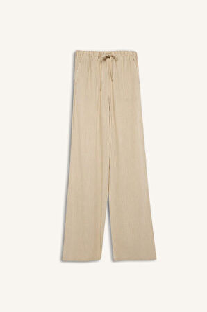 Wide Leg Çift Cepli Beli Lastikli Standart Boy Keten Karışımlı Pantolon