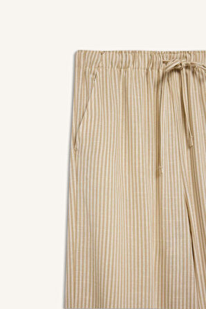 Wide Leg Çift Cepli Beli Lastikli Standart Boy Keten Karışımlı Pantolon
