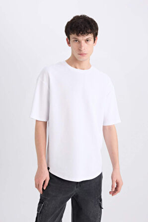 DeFacto Boxy Fit Bisiklet Yaka Kısa Kollu Basic Düz Waffle Beyaz Tişört B4443AX25SPWT34