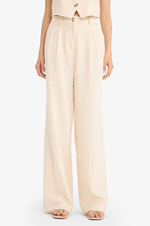 Wide Leg Çift Cepli Yüksek Bel Standart Boy Keten Karışımlı Pantolon