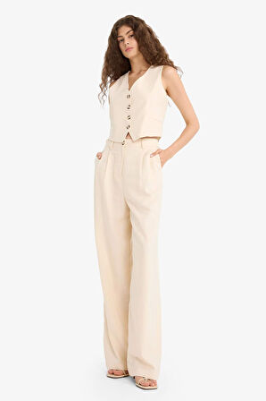 Wide Leg Çift Cepli Yüksek Bel Standart Boy Keten Karışımlı Pantolon