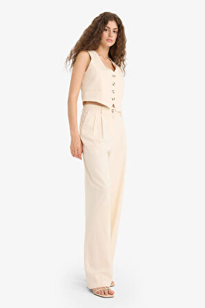Wide Leg Çift Cepli Yüksek Bel Standart Boy Keten Karışımlı Pantolon