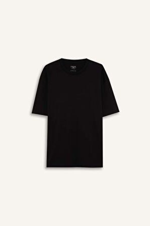 DeFacto %100 Pamuk Boxy Fit Bisiklet Yaka Basic Düz Kısa Kollu Siyah Tişört D6070AX25SPBK81