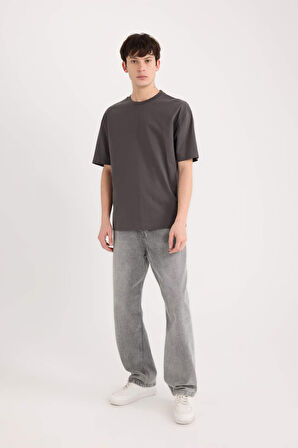 DeFacto %100 Pamuk Boxy Fit Bisiklet Yaka Basic Düz Kısa Kollu Tişört D6070AX25SPAR104