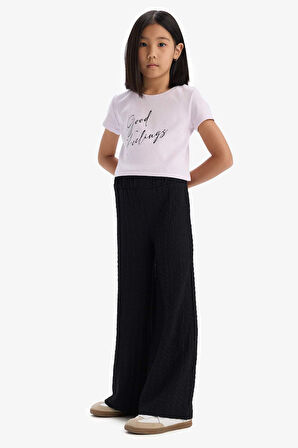 DeFacto Kız Çocuk Fitilli Kaşkorse 2'li Takım Baskılı Kısa Kollu Tişört Geniş Bol Paça Pantolon C3814A825SMPN425