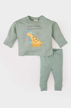 Erkek Bebek 2'li Takım Dinazor Baskılı Uzun Kollu Tişört Beli Lastikli Alt